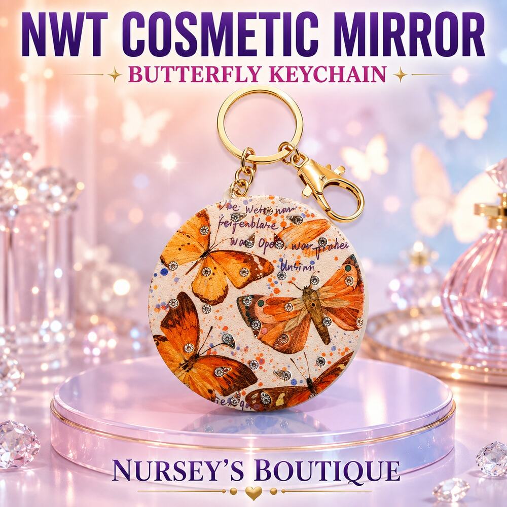 NWT Orange Butterfly Cosmetic Mirror Keychain Rhinestone Bag Charm